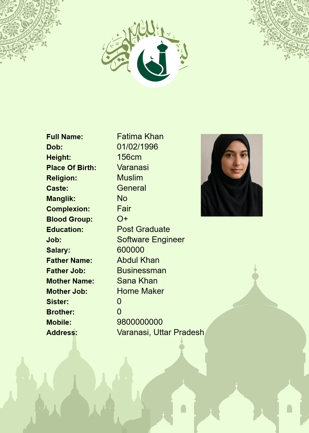 Marriage Biodata Template 8 - Professional Design